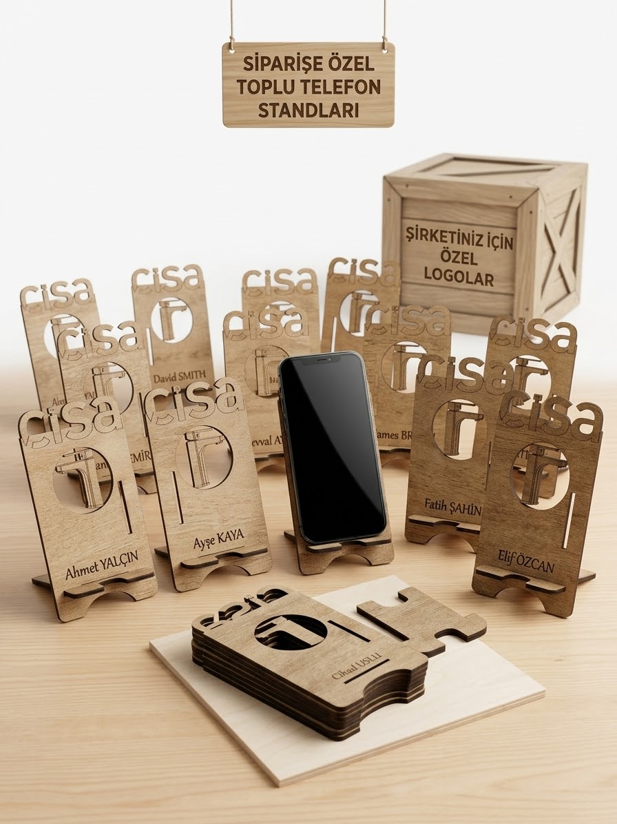 Kurumsal Ahşap Telefon Standı - Logo Baskılı ve İsimli (Toplu Sipariş)