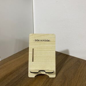 İsme Özel Minimalist Ahşap Telefon Standı – Açık Ahşap (Masaüstü Tutucu)